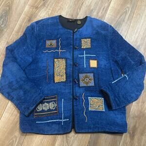 Vintage Allure Boho patchwork art to wear cardigan glass buttons Lg. Dry clean